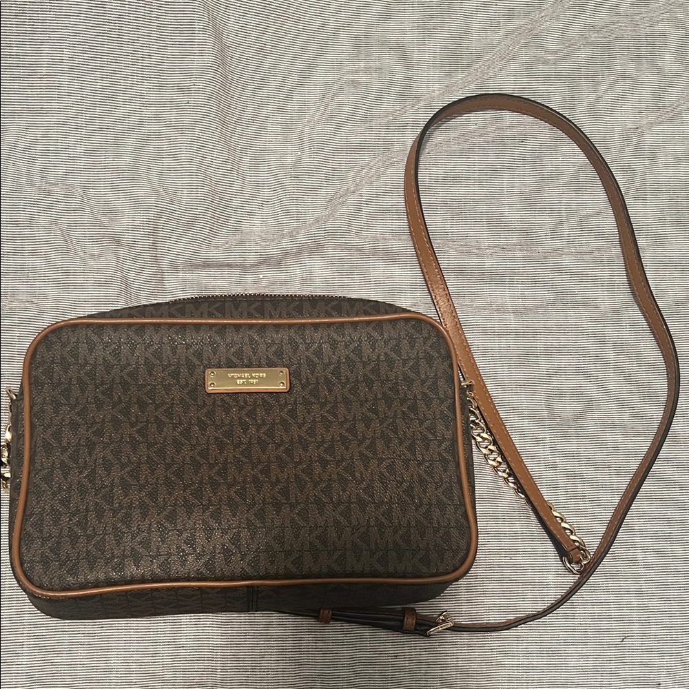 Michael Kors Brown Logo and Tan Trim Crossbody Bag